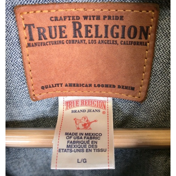 TRUE RELIGION Jimmy Denim Jean Jacket Women's Large Dark Wash Distressed EUC - Picture 5 of 10